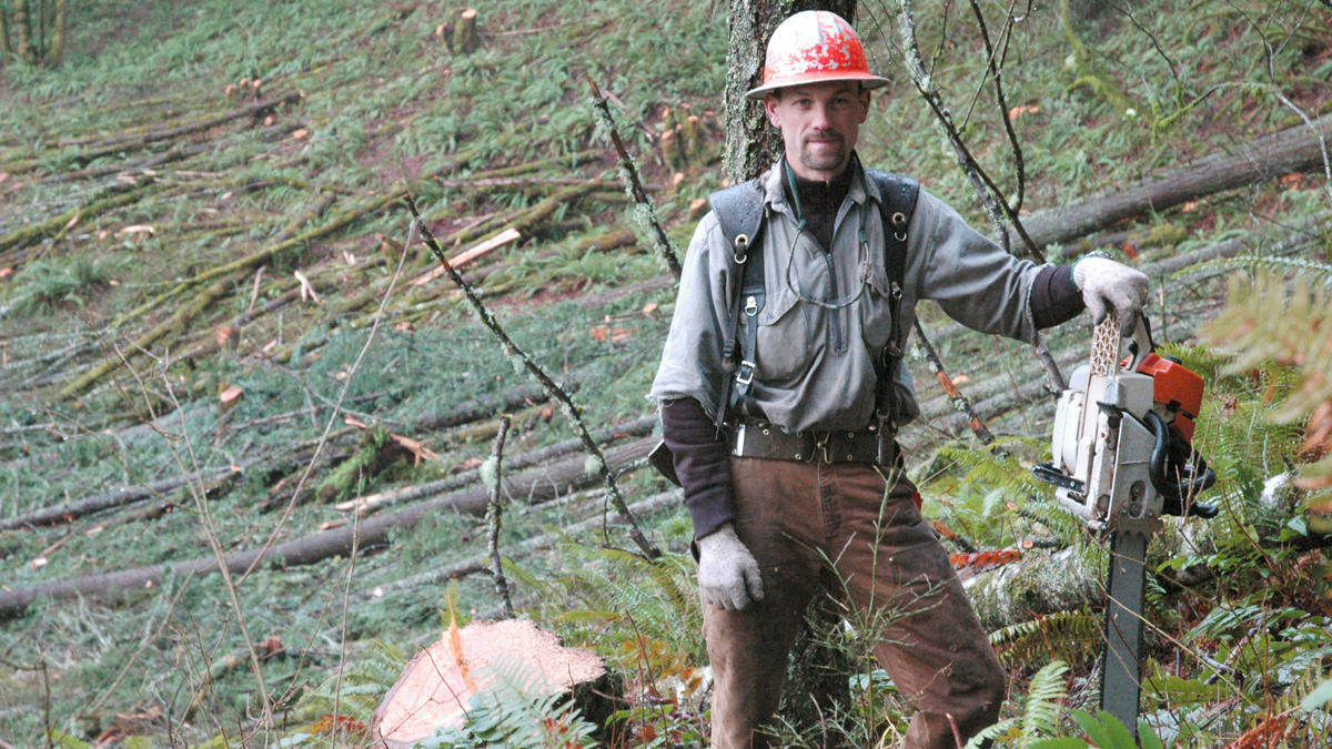 person leaning on log in cleared forest